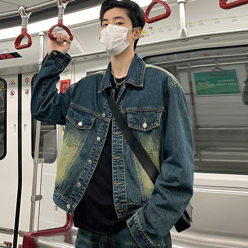 ♞เสื้อแจ็กเก็ตยีนแขนยาว คอสี่เหลี่ยม อเนกประสงค์ แฟชั่นสําหรับผู้ชาย vbc