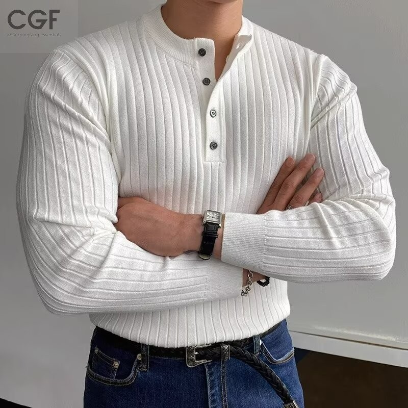 ♞,♘ เสื้อกันหนาวผู้ชายฤดูใบไม้ร่วงและฤดูหนาวสไตล์สีขาวครึ่งปุ่มรอบคอหลวมสบายๆ จุดต่ําสุด สูงสุด cvb