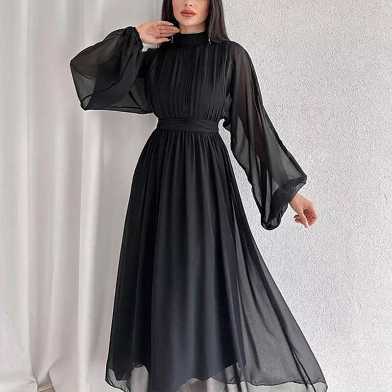 ▥ Casual Pleated Women's Dresses Elegant Turtleneck Hollow Party Autumn Solid Flare Sleeves High