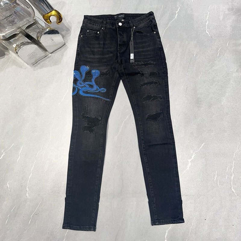 Amiri  กางเกงยีนส์ผู้ชายสีดําแฟชั่นใหม่พร้อมเย็บปักถักร้อยงูยืดหยุ่นสลิมฟิตกางเกงยีนส์คุณภาพสูงแบรน