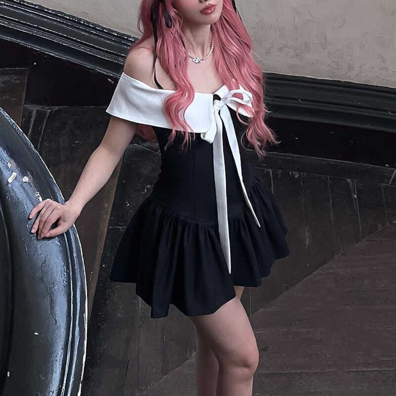 ▥ Whrmry Ti Off Shouldr A Mini Drss For Womn Summr 2024 Lac Bow Patchwork Vintag Elgant Slim Bac