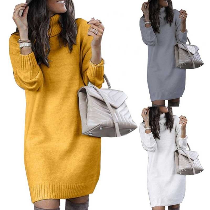 ▥ Women Loose Long Sleeve Autumn Turtleneck Warm Knitted Sweater Knee-Length Dress