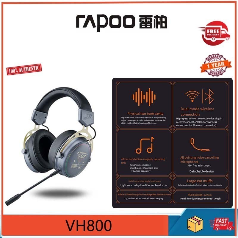 Rapoo VH800 หูฟังเกมมิ่งไร้สาย RGB ลดเสียงรบกวน โหมดคู่ สําหรับคอมพิวเตอร์