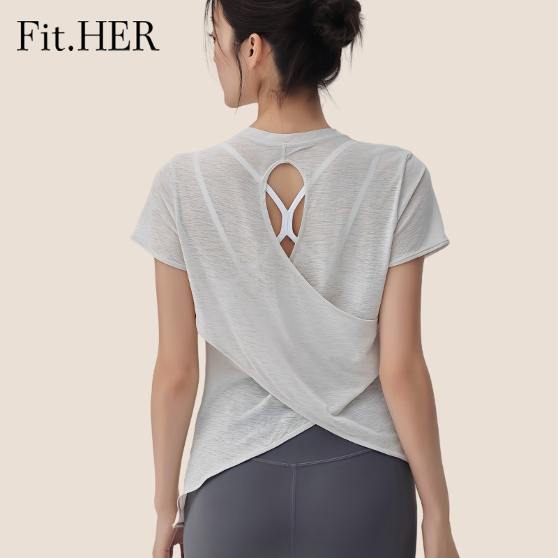Fit HER เสื้อผ้าโยคะผู้หญิงเสื้อยืดแขนสั้นตาข่ายแสงกลับกลวงบางฟิตเนส Smock เสื้อกีฬา