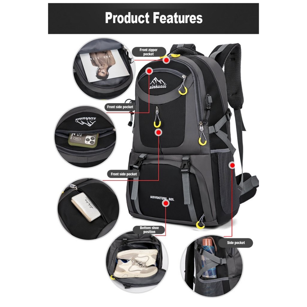 40L 60L กระเป๋าเป้สะพายหลังกลางแจ้งกันน้ำคุณภาพสูงวัน Bagpack ช่องใส่รองเท้าเดินป่าตั้งแคมป์ท่องเที