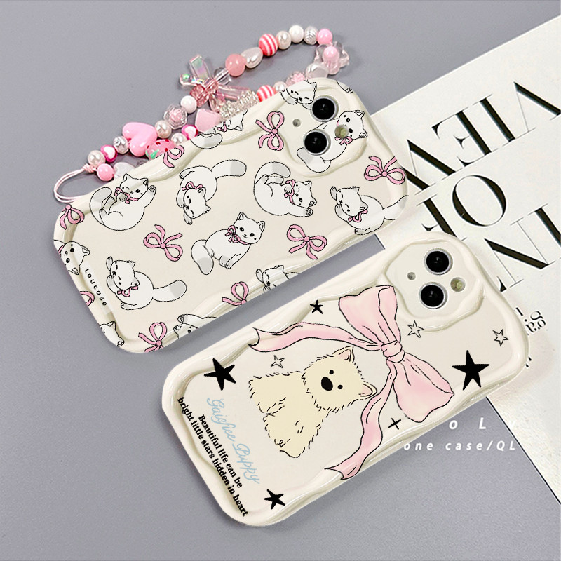 สําหรับ Samsung S21 Ultra S22 Ultra S23 Ultra S30 Ultra Samsung M02S M04 M10 M11 M12 M22 M32 เคสโทรศัพท์ Soft TPU น่ารัก Bowknot สีขาวสุนัขแมวสร้อยข้อมือกันฝุ่น
