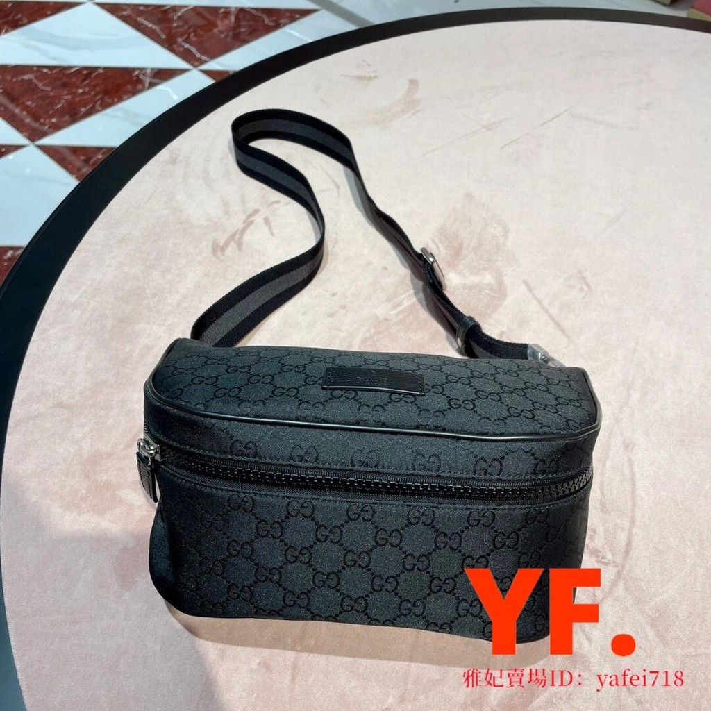 มือสอง] GUCCI 449182 ผ้าใบสีดำไนลอนกระเป๋าคาดหน้าอกกระเป๋าคาดเอวหนังโลโก้สายสะพายไหล่ลายกระเป๋าสะพา