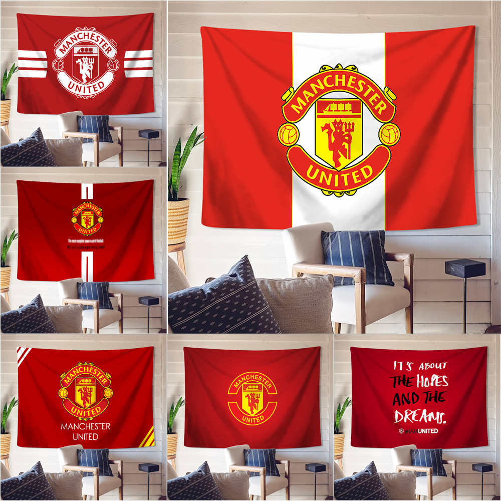 Manchester United FC Logo Wall Tapestry พร ้ อมคลิปโพลีเอสเตอร ์ Tapestries ห ้ องนอนแขวนผนัง Tapestry ตกแต ่ งบ ้ าน [QS]