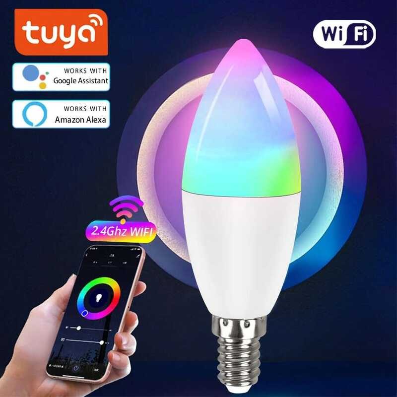 ▥ Wifi 220-240V E14 RGB CW + WW สมาร์ทชี้หลอดไฟ Tuya Smart Life APP ควบคุมเสียงใช้งานร่วมกับ Al