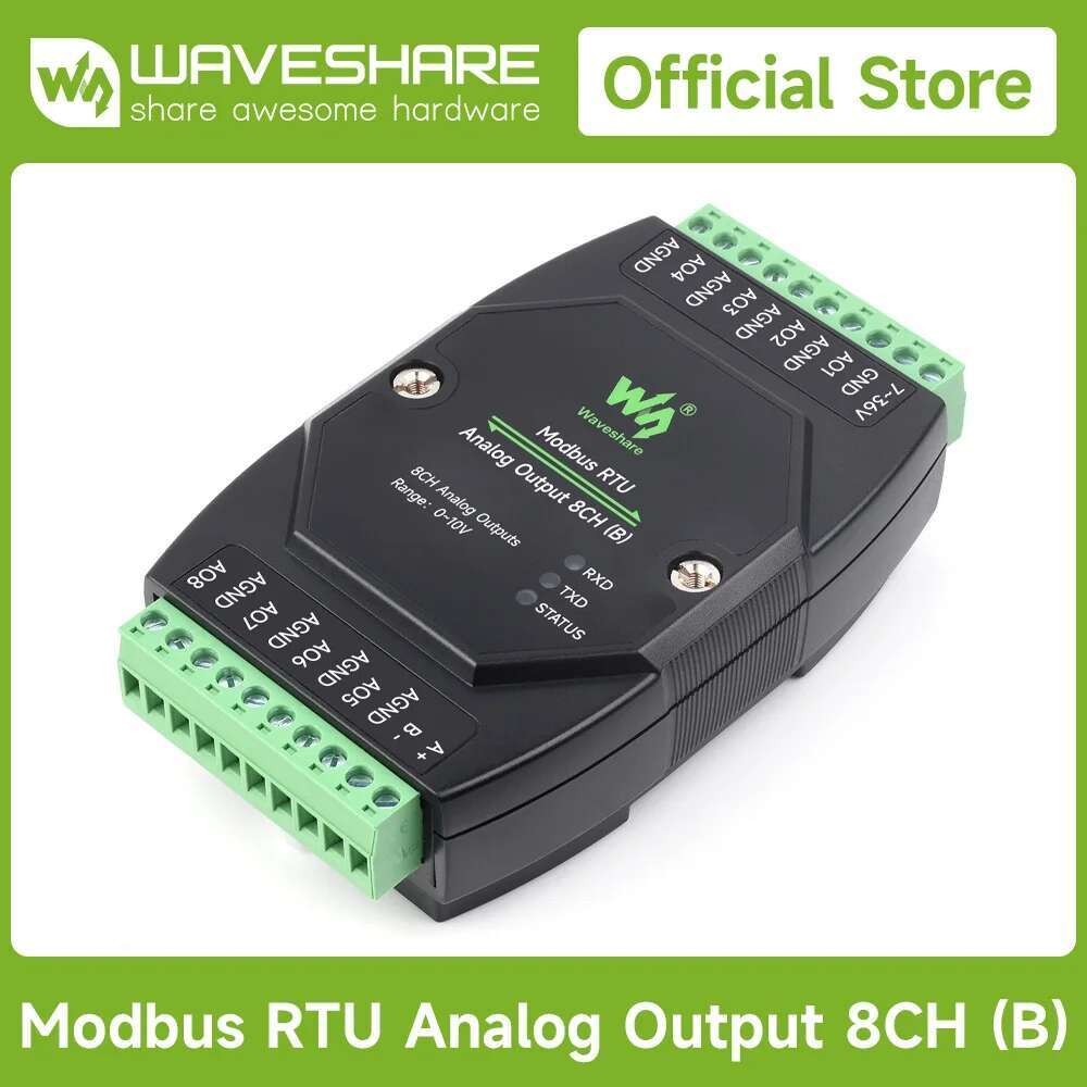 Waveshare Industrial 8-ch Modbus RTU Analog Output Module, การแปลง DA 12 บิต, แรงดันไฟฟ้าพร้อมกัน 8ch หรือเอาต์พุตปัจจุบัน