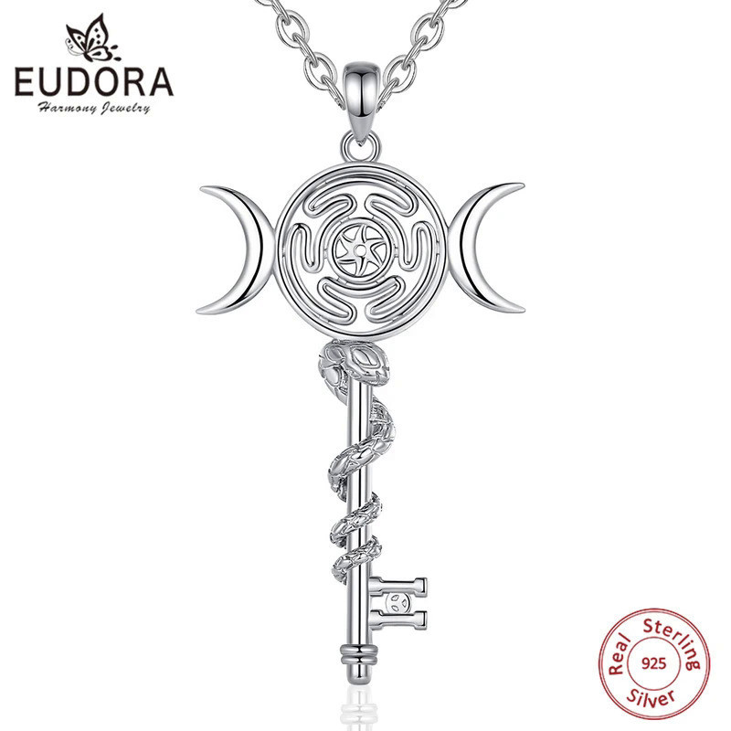 Eudora 925 Sterling Silver Hekate Wheel Necklace for Women Snake Key Triple Moon Goddess Pendant Wi