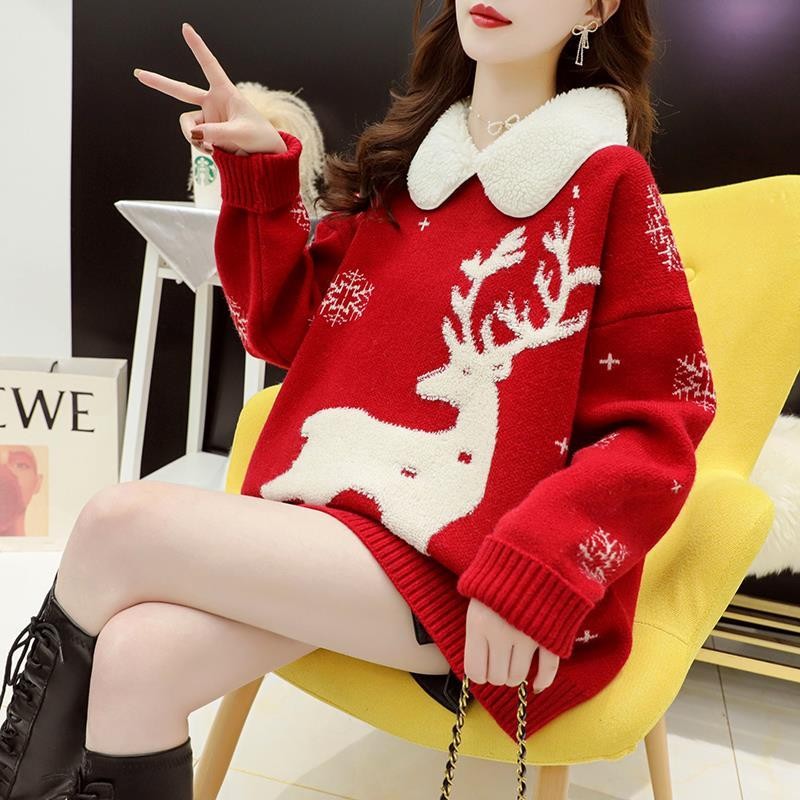เสื้อกันหนาวคริสต์มาสสีแดงผู้หญิงหลวมสไตล์ขี้เกียจหนาญี่ปุ่นย้อนยุคอ่อนโยนด้านบน