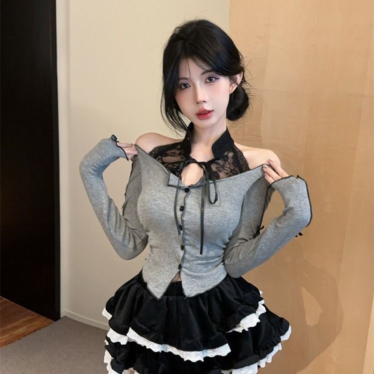 ภาษาฝรั่งเศสคําเซ็กซี่ เชือกแขวนคอ ลูกไม้เย็บโบว์แขนยาวเสื้อยืดผู้หญิง - รูปที่ 2