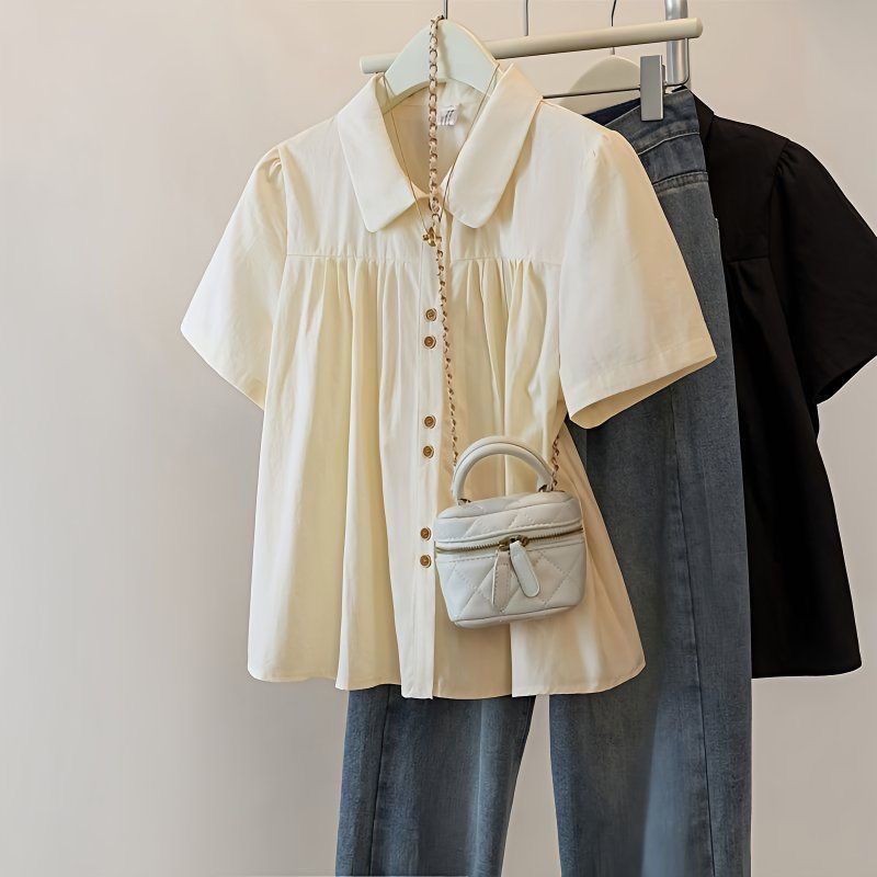 เสื้อเชิ้ตแขนสั้นฝรั่งเศสขนาดใหญ่ฤดูร้อนสไตล์ใหม่สไตล์สั้นด้านบน