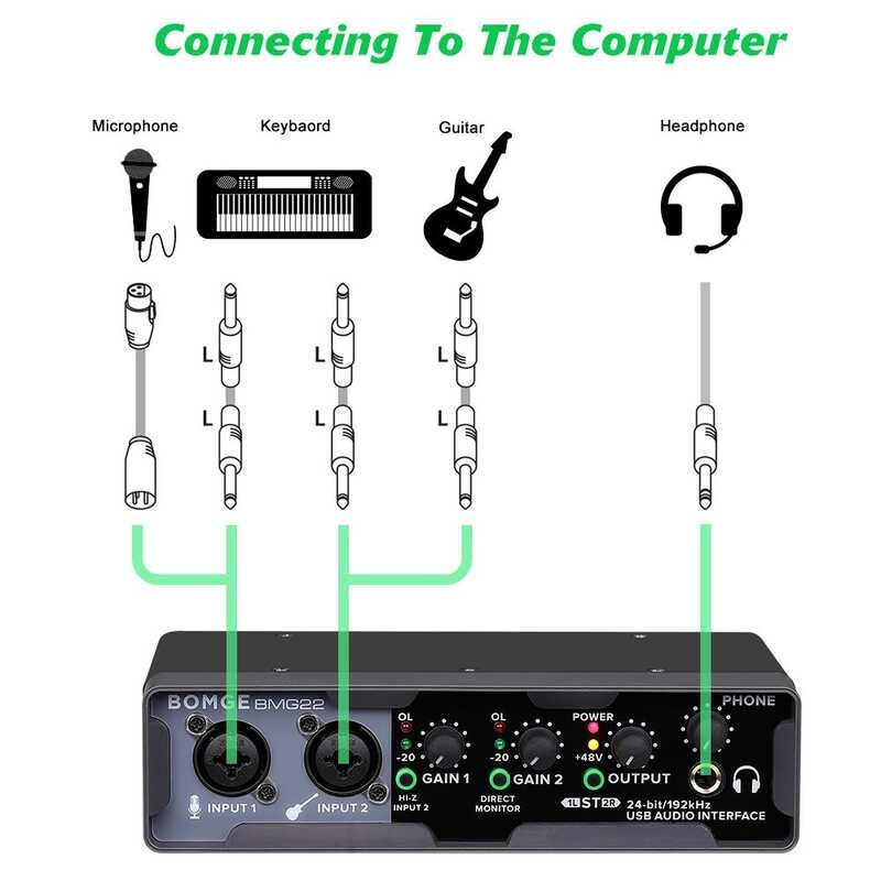❤ BOMGE Bmg22 USB Audio Interface 2I2 (24บิต/192 Khz) + 48V Phantom สำหรับไมโคร