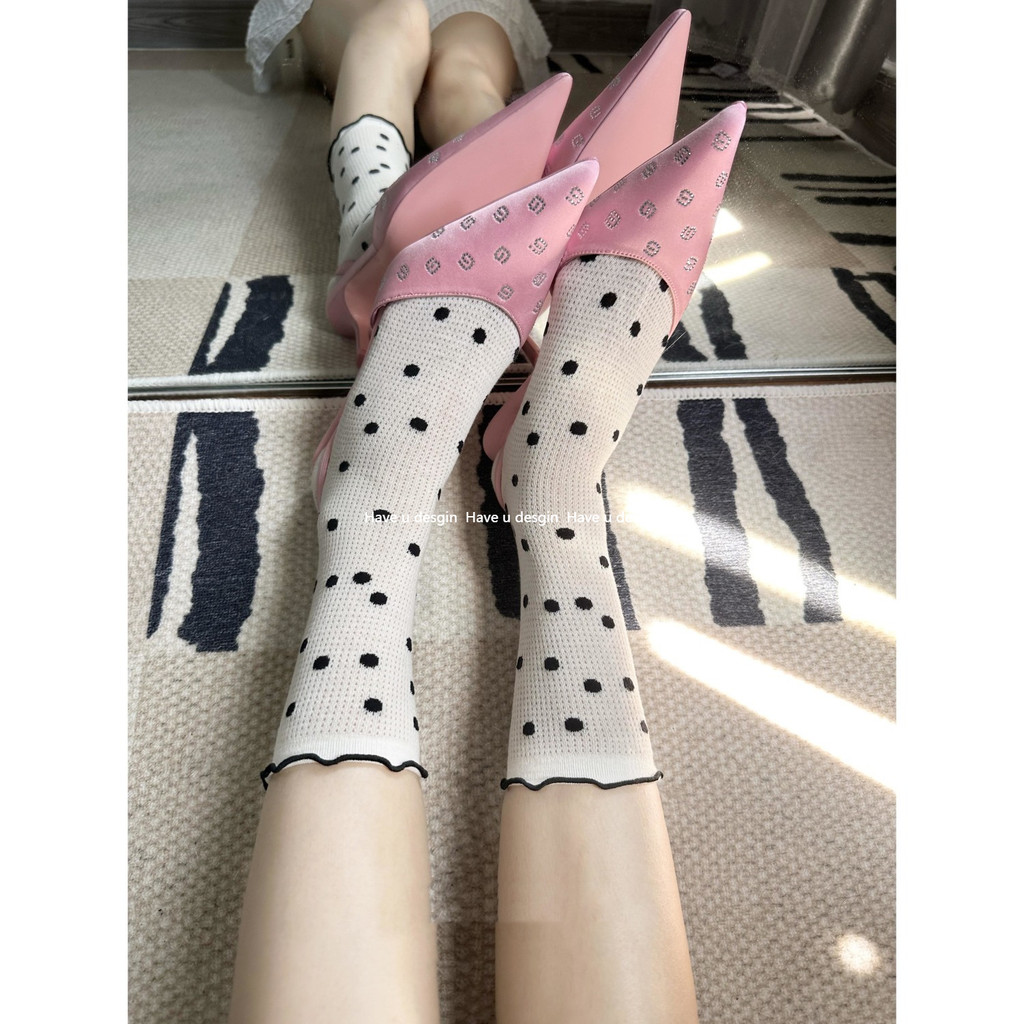 Have u desgin White Funer Side Pile ถุงเท้าผู้หญิงกลางหลอดฤดูร้อนผ้าฝ้ายบางที่มีสีสัน Polka Dot ฤดูร้อนตาข่ายถุงเท้ายาวหลอด jk