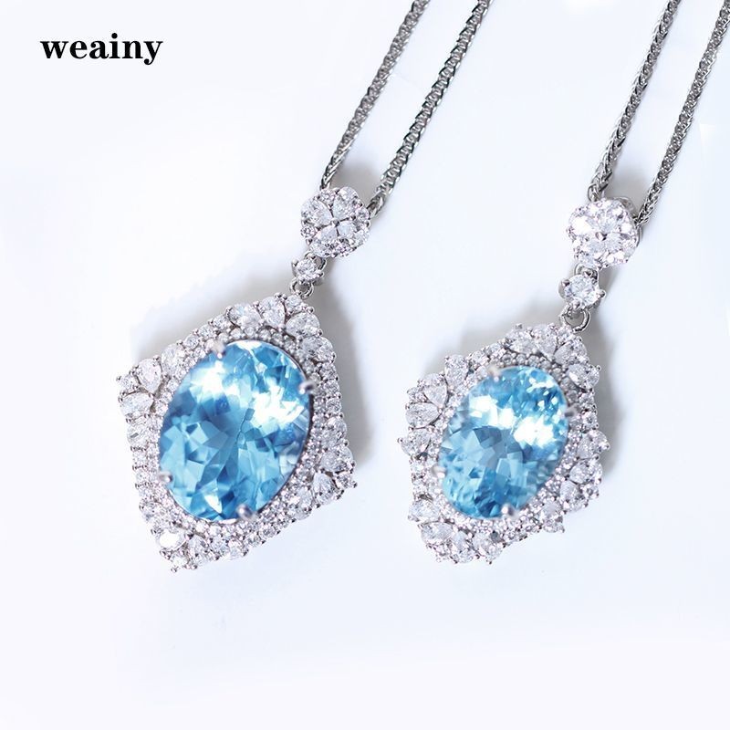 Simple necklace จี้โทปาเรียสีฟ้าสวิสธรรมชาติ9กะรัต S925เงินแท้ชุบทองแท้18K หรูหราหนักสร้อยคอ