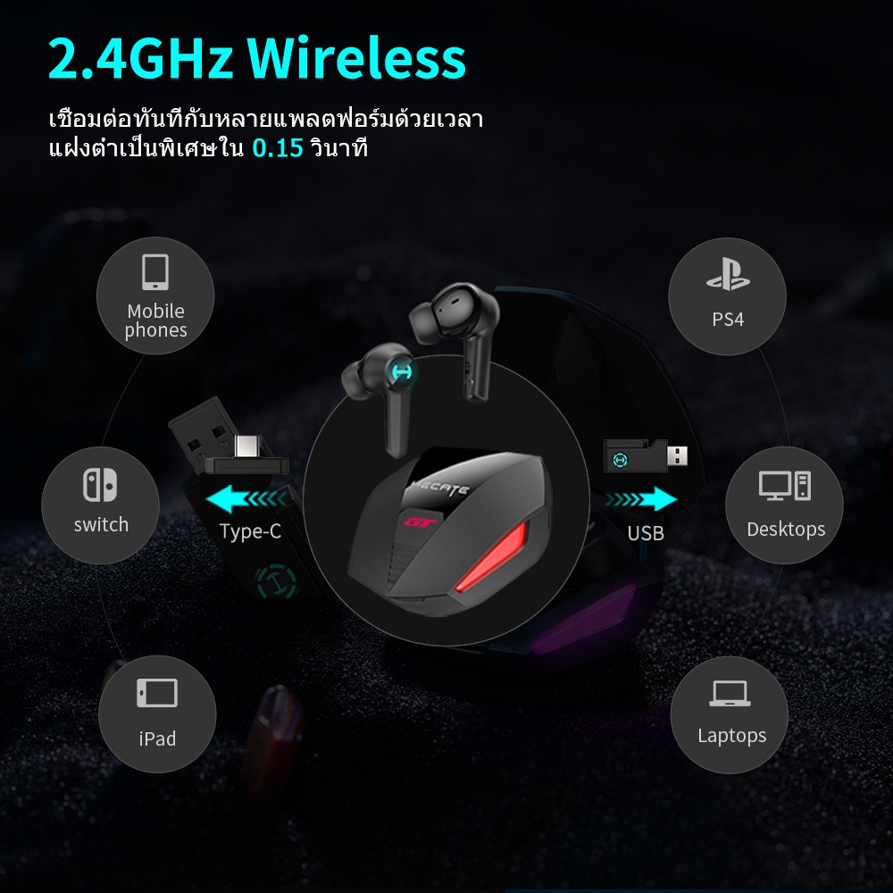 Edifier HECATE GT4S TWS หูฟังเกมมิ่งบลูทูธไร้สายพร้อมการเชื่อมต่อแบบ 2.4GHz Bluetooth 5.2 สำหรับ iO