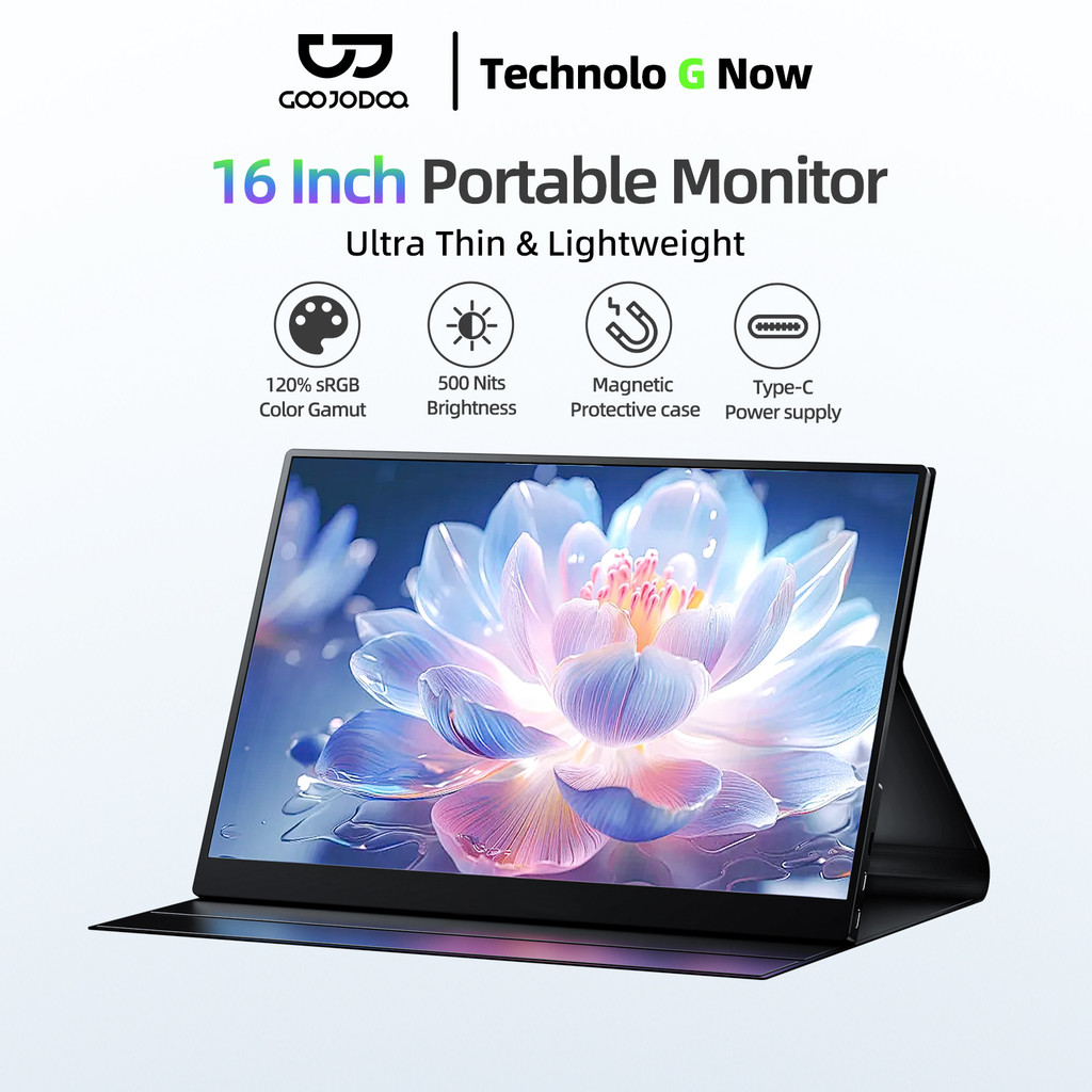 GOOJODOQ 16inch Portable Monitor 60hz 1080P 120% sRGB 500 Nits Magnetic Absorption Leather Case