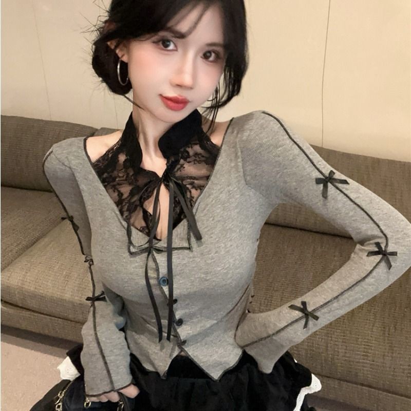 ภาษาฝรั่งเศสคําเซ็กซี่ เชือกแขวนคอ ลูกไม้เย็บโบว์แขนยาวเสื้อยืดผู้หญิง