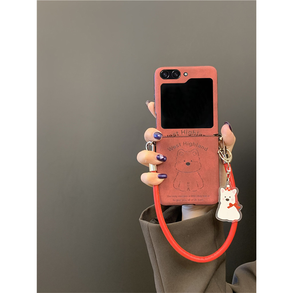 Fresh Korean Puppy Rose เคสโทรศัพท์สีแดงพร้อมจี้หนังสําหรับ Samsung Galaxy ZFlip 6 ZFlip 5 ฝาครอบกันกระแทก