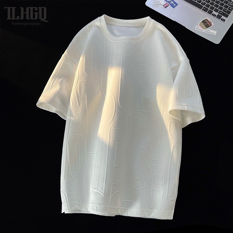 ♞,♘เจิ่นไลเมน เสื้อยืดผู้ชายอินเทรนด์3/4แขนแฟชั่นแบรนด์รอบคอสบายๆหลวมแขนสั้น lo