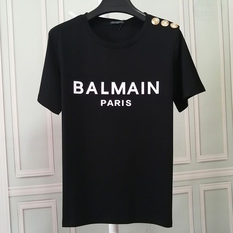 Balmain เสื้อยืด Cecilia Cheung เดียวกันสีม่วง Flocking ตัวอักษร Balmain แขนสั้นไหล่ปุ่มรอบคอผู้หญิง