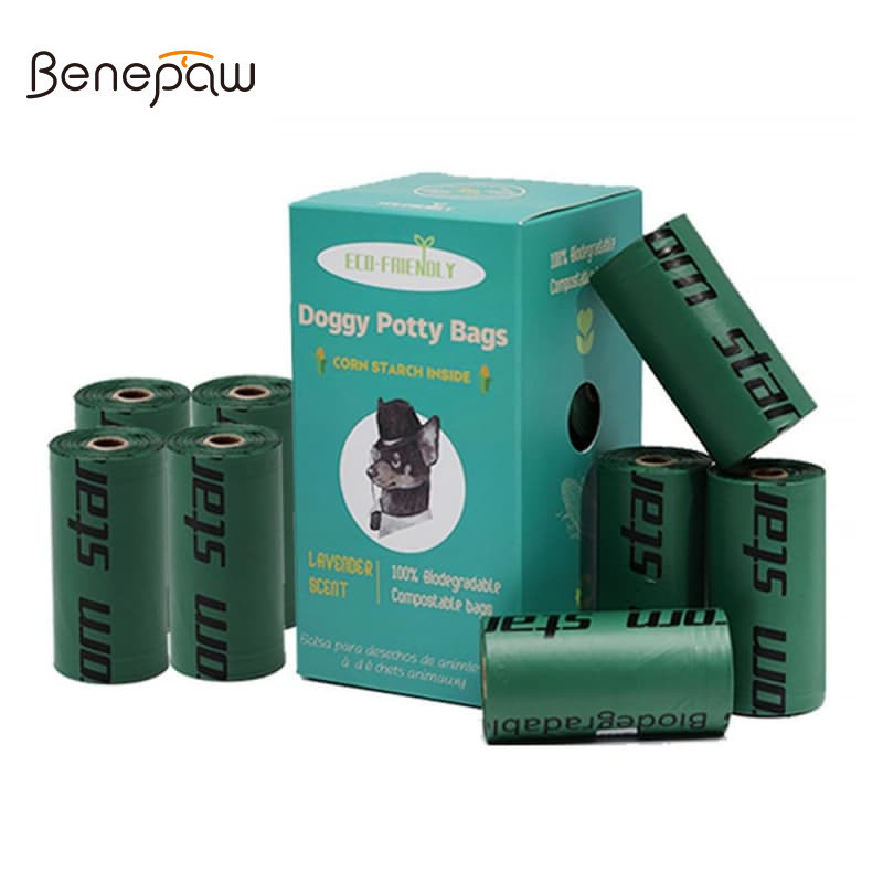 Benepaw Fully Degradable Dog Waste Bags Corn Starch PLA PBAT วัสดุ Breakpoints Easy Removal Super ความจุขนาดใหญ่หนาทนทาน 120 กระเป๋า 33x23 ซม.