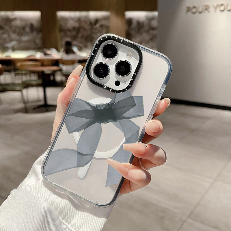 สีเทาผ้าไหมริบบิ้น Bowknot ไร้สายชาร์จแม่เหล็กสําหรับ IPhone 11 14 15 16 Pro Max 12 13 Pro Max ฝาครอบ 14 15 16 PLUS ซิลิโคนนุ่มกันชนใสกันกระแทกปลอก