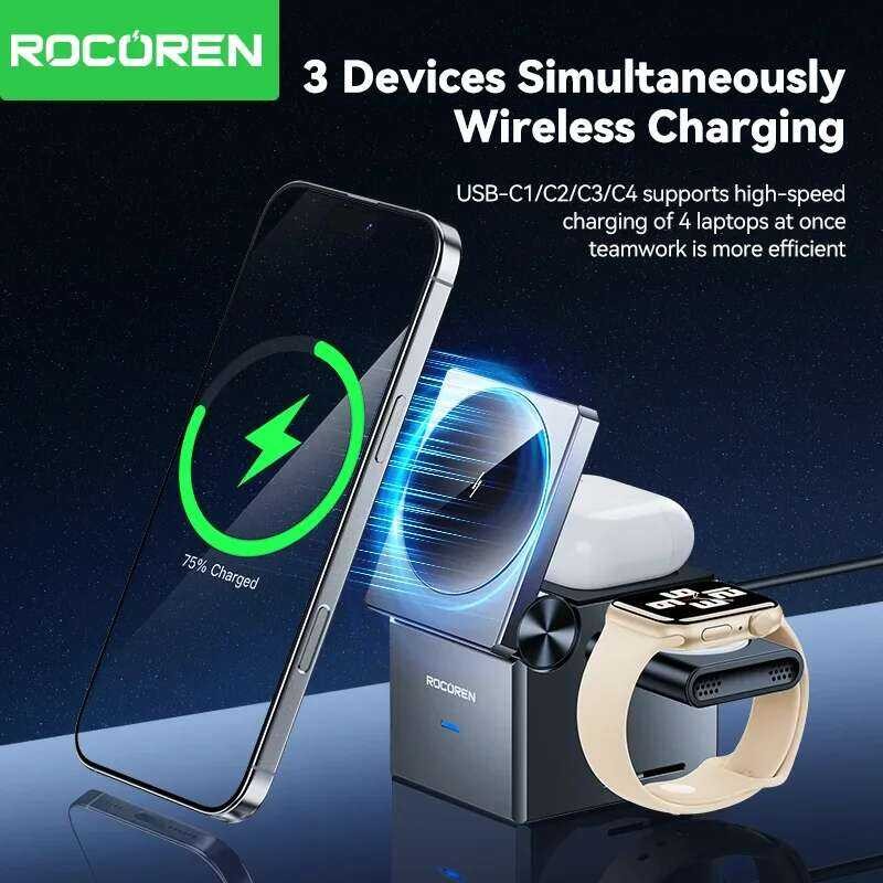 ▥ Rocoren Charger สําหรับ Iphone Samsung แท่นชาร์จแนวตั้งแท่นชาร์จไร้สายสําหรับ Iwatch พร้อมไฟ