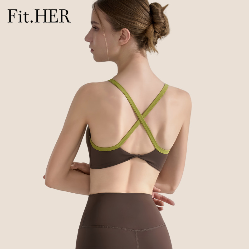 Fit HER Spaghetti Straps Collision Sports Bra Female Summer New Cross US Back Short Fitness Bra เสื้อกั๊กโยคะกันกระแทก