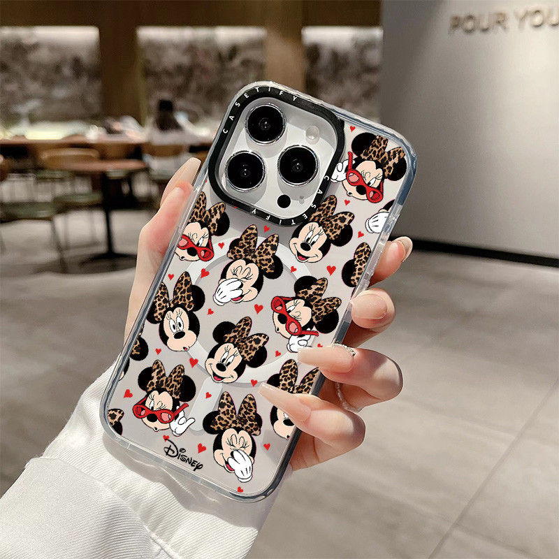เสือดาวพิมพ์bowknot Minnie Mouseไร้สายชาร์จแม่เหล็กสําหรับIPhone 11 14 15 16 Pro Max 12 13 Pro Maxฝาครอบ 14 15 16 PLUSซิลิโคนนุ่มกันชนใสกันกระแทกปลอก