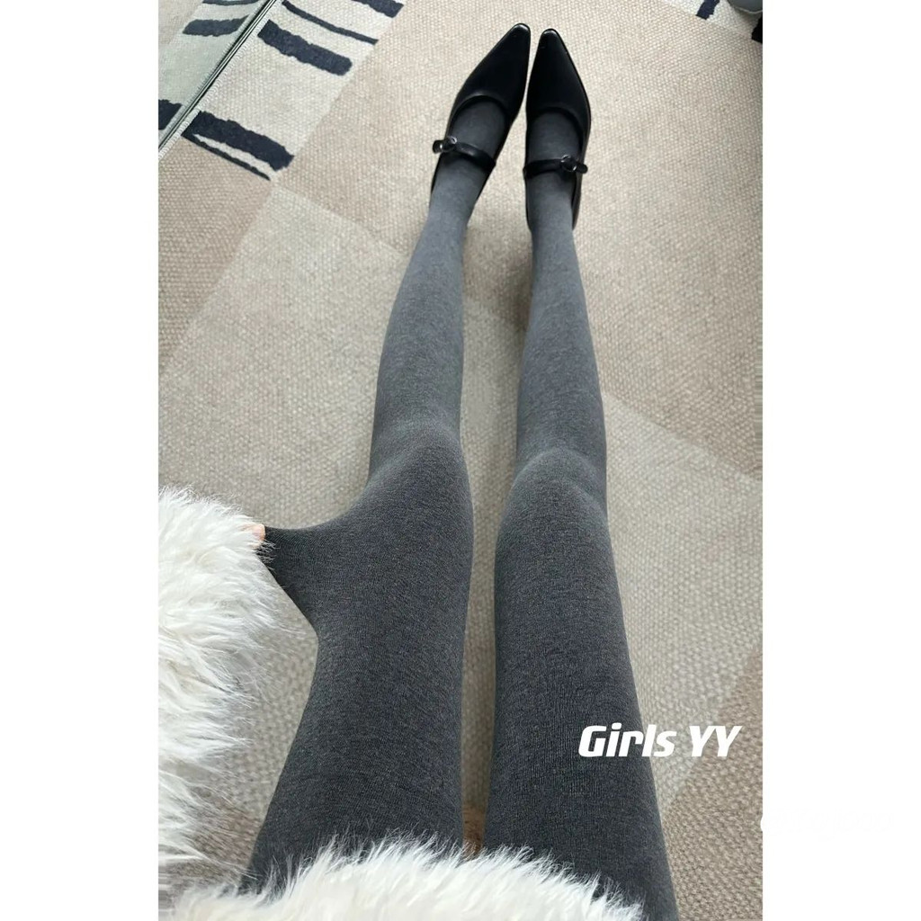 สีเทาธรรมดาสานหนาขนแกะ Pantyhose เอวสูงกางเกงขายาวขาสวย Shaping สวมใส่ด้านนอกถุงเท้าสีดํา Keep Warm