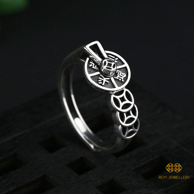 Retro Silver Thai Money Ring ของแท้ไทยโชคแยกแหวนแหวนหมุนเครื่องประดับ