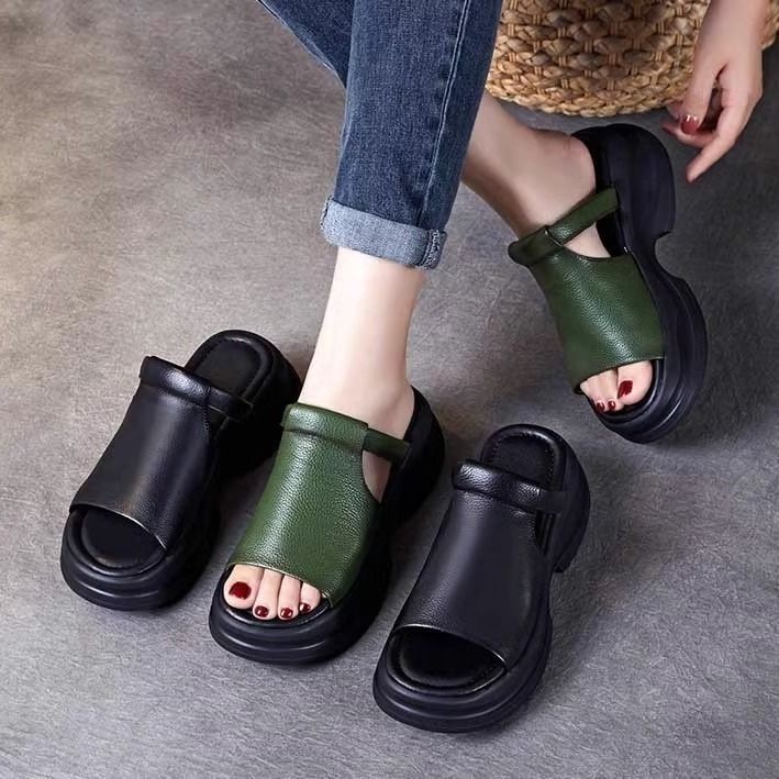 ของแท้หนังแฟชั่นรองเท้าแตะสุภาพสตรีหนาSoled Heightened Outingรองเท้าแตะผู้หญิงเปิด-Toedฤดูร้อนFlip-Flops