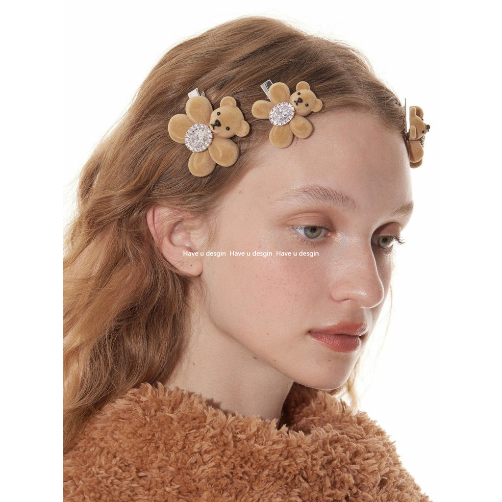 Have u desgin Flocking Bear Flower Gem Hair Clip Hairpin bb Clip Gift