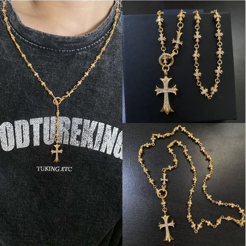 Chrome Hearts  สร้อยคอ/22K Gold Diamond Cross สร้อยคอแบบพับเก็บได้