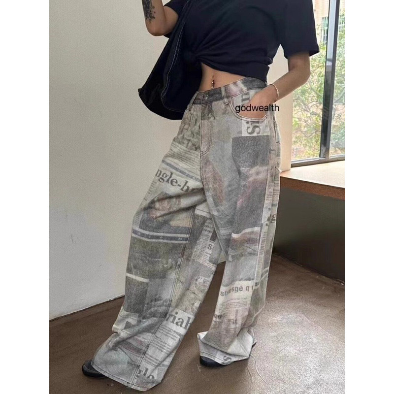 [พร้อมส่ง] Spenzer.street | newspaper printed looseกางเกงทรงกระบอก เสื้อผ้าสตรีท คุณภาพแน่น ฮิต uni