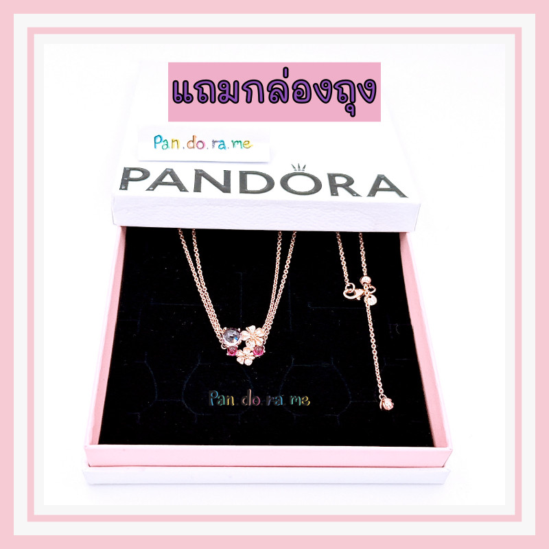 ♞[พร้อมส่ง สินค้าแท้ ] แถมกล่อง สร้อยคอแพนโดร่า Pink Peach Blossom Flower Double Chain Necklace XXS