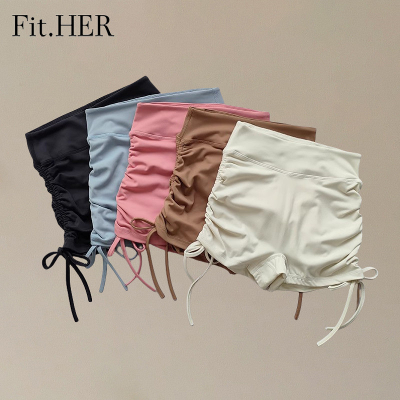 Fit HER กางเกงขาสั้นโยคะสามส่วน Nude Drawstring แน่นวิ่งกางเกงร้อนหญิงเอวสูงยกสะโพกฟิตเนสกีฬากางเกงขาสั้นฤดูร้อน
