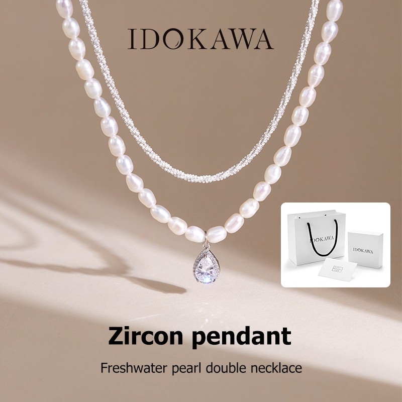 IDOKAWA สร้อยคอ สร้อยมุก สําหรับผู้หญิง มุกน้ําจืดธรรมชาติ เพทาย จี้สร้อยคอ สร้อย ของขวัญ NL2001WW