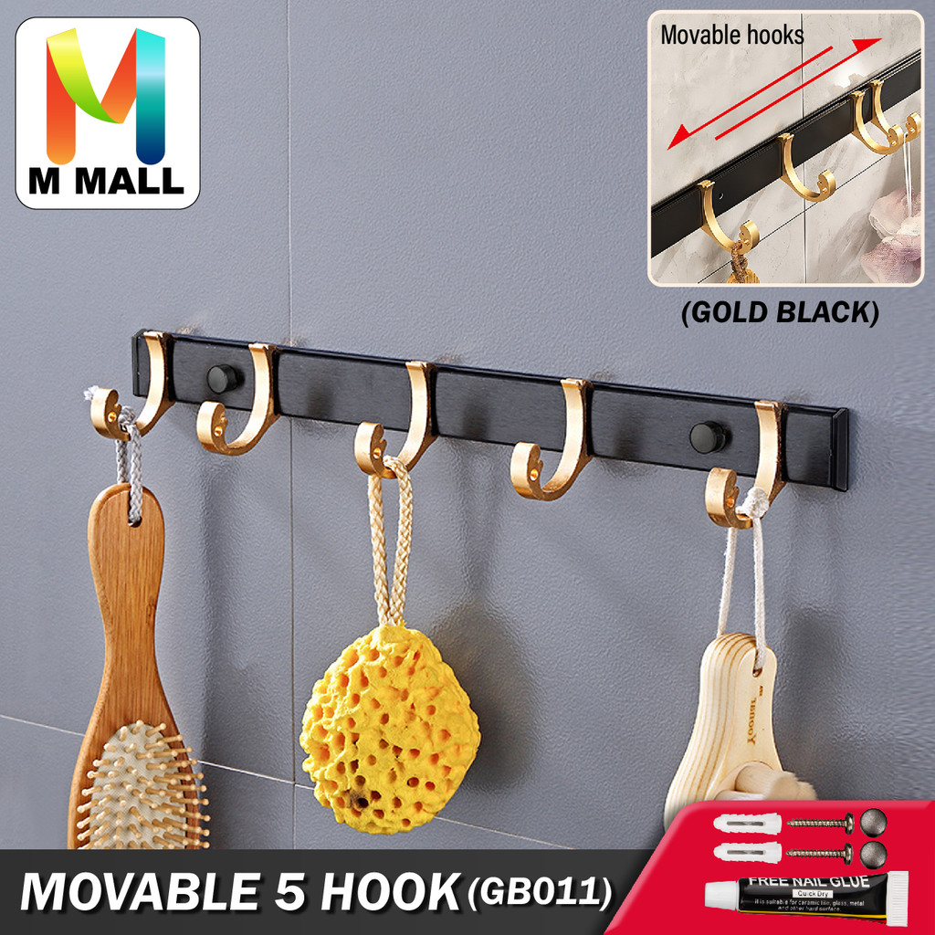 M MALL [GB011] อุปกรณ์ห้องนอนห้องน้ําติดผนังสีดําสีทอง / ตะขอแขวนผ้าขนหนูแบบหมุนได้ 5 ตะขอ