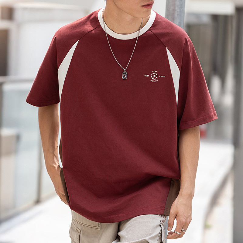 MRA American Retro Burgundy Raglan ไหล่กระเป๋าผ้าฝ้ายแท้สี-Blocking หลวมรอบคอพิมพ์สั้น