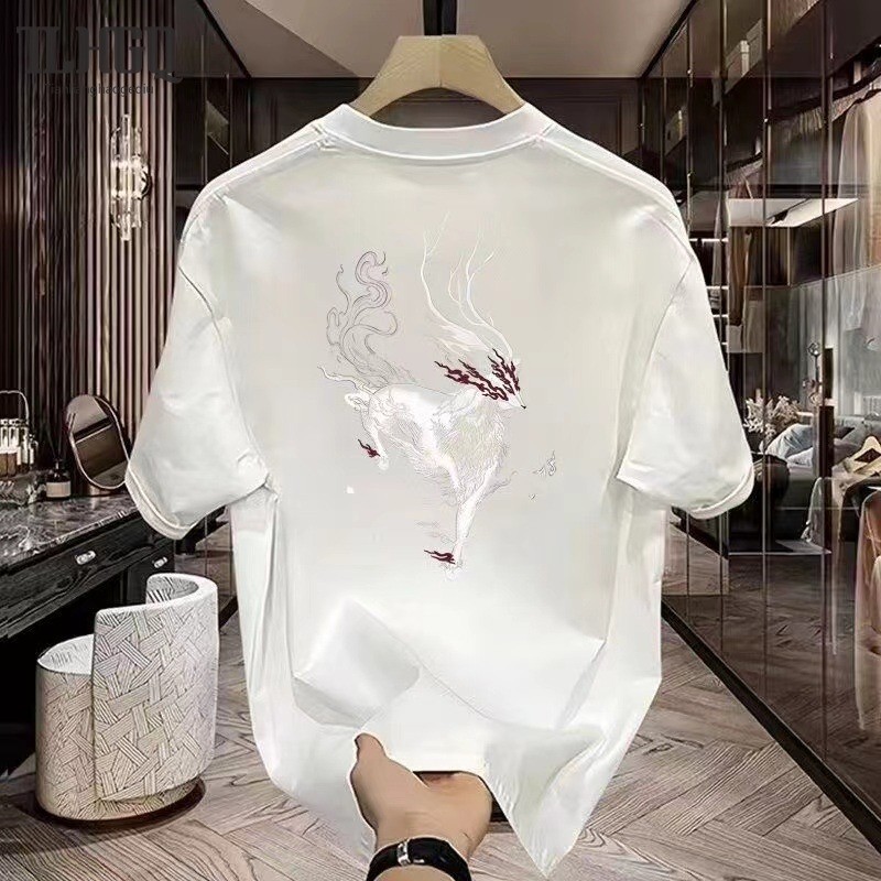 ♞,♘เสื้อยืด Qilin Xiangyun สําหรับผู้ชายสไตล์จีนครึ่งแขนคอกลมที่ทันสมัยและหลากหลาย pol