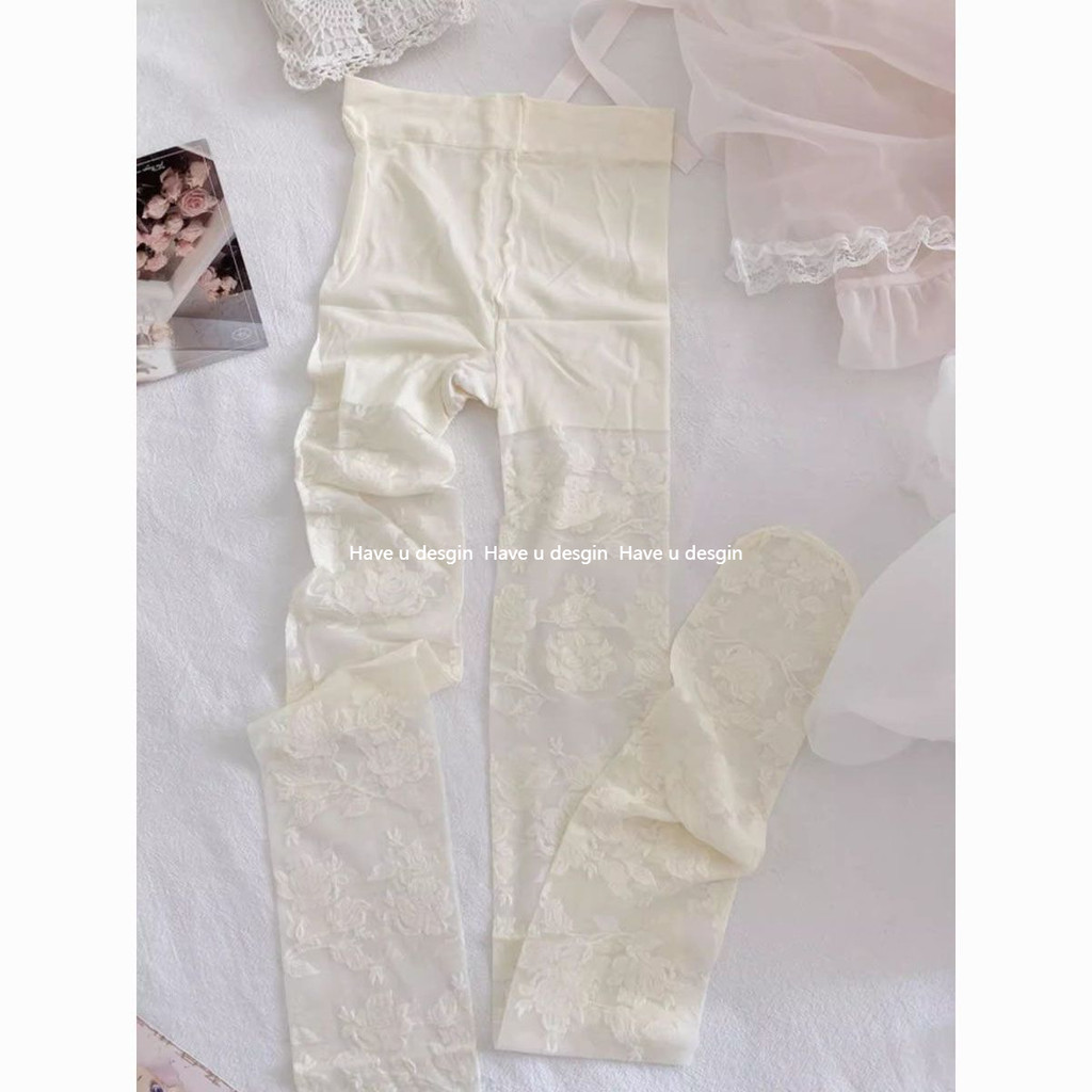 มี u desgin Rose รูปแบบถุงน่องสีขาว Pure Desire สไตล์ลูกไม้ Jacquard หวานภาษาฝรั่งเศสคําฤดูร้อนบางเฉียบโปร่งใสเนื้อขาสวย Pantyhose ผู้หญิง - รูปที่ 5