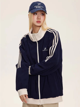 Solovely M-2XL ผู้หญิง สไตล์เกาหลี ผ้าฝ้าย เสื้อตัวบน แขนยาว เสื้อโค้ท ปักลาย ลายทาง แจ็คเก็ต ซิปเต็มตัว โอเวอร์ไซส์ เสื้อสเวตเตอร์