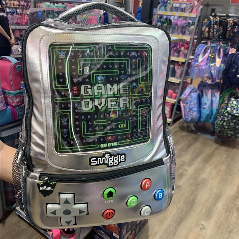 ในสต็อก Smiggle Backpack Game over Student schoolbag boy Game console Silver PU bag