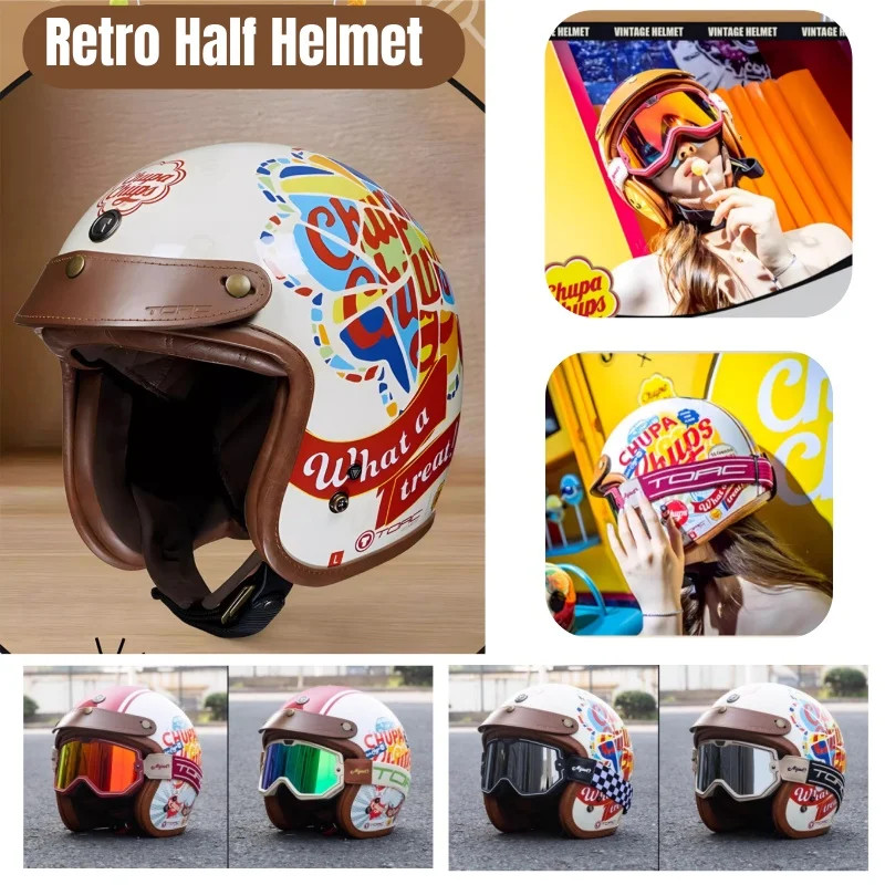 TORC Motorcycle Helmet Pop Puzzle Retro Half Helmet Fashion Candy Flower Ribbon Windshield Street T