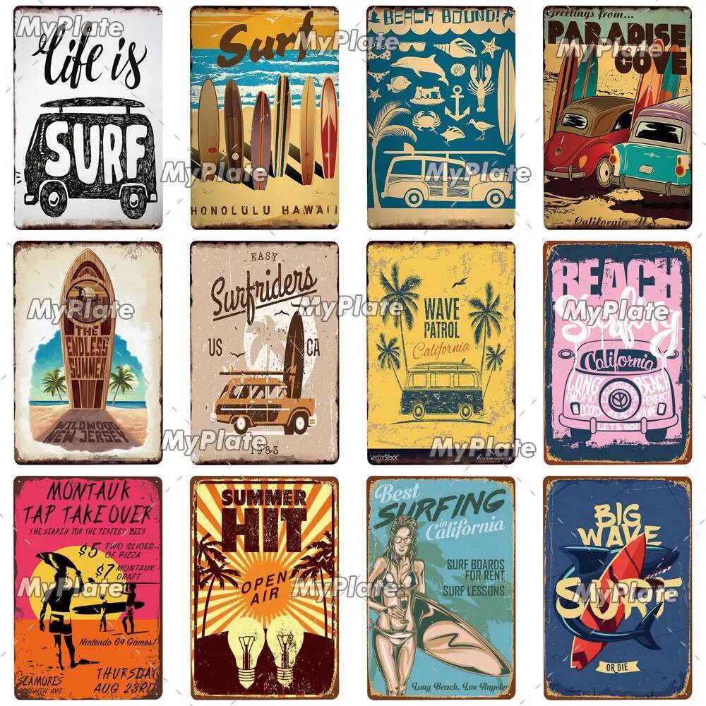 Surf ป้ายโลหะ Vintage Plaque ป้ายดีบุก Wall Decor สําหรับ Beach Club Man Cave แผ่นโลหะ Big Wave โปสเ