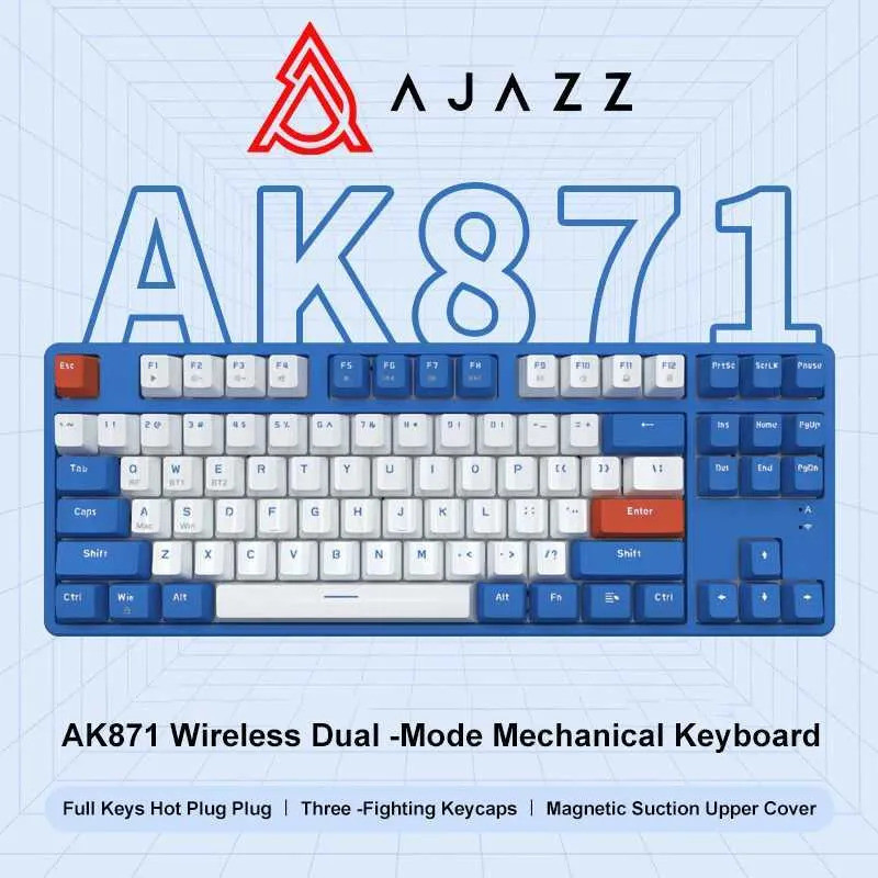 Ajazz AK871 คีย์บอร์ดเกม Hot Swappable 87 คีย์ไร้สาย 2.4g คีย์บอร์ดตามหลักสรีรศาสตร์ Hot Swap คีย์บอ